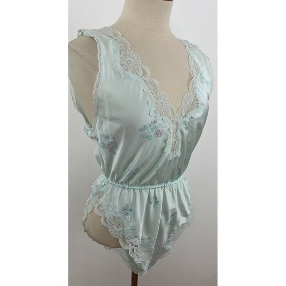 Vtg 80s 90s Miss Elaine Teddie Lingerie One Piece Deep V Neck Lace Teddy Sz M - Picture 7 of 12